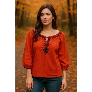 Embroidered Peasant‎ Top Burnt Size L Orange Blouse 3/4 Sleeve Bohemian Style